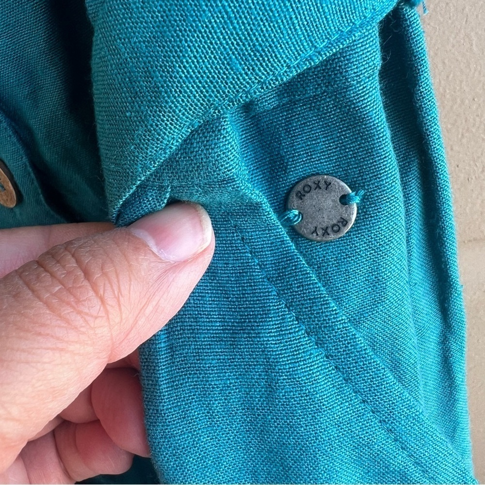 ROXY Mind Trip Jumpsuit Sz S Biscay Bay Teal Waist Tie Smocked Back Linen Blend - Picture 6 of 10